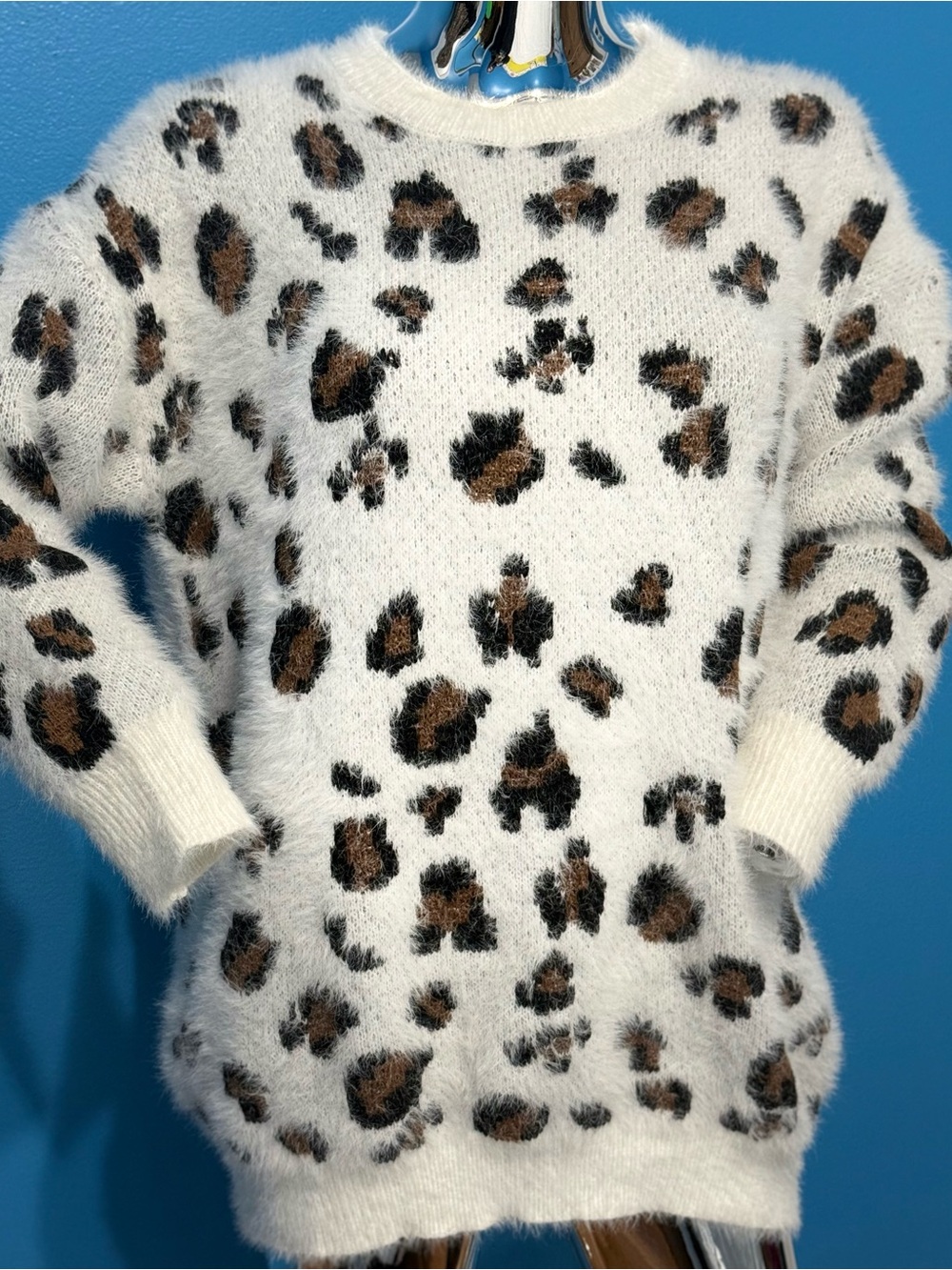 Newbury Kustom White Fuzzy Leopard-Print Crewneck Sweater